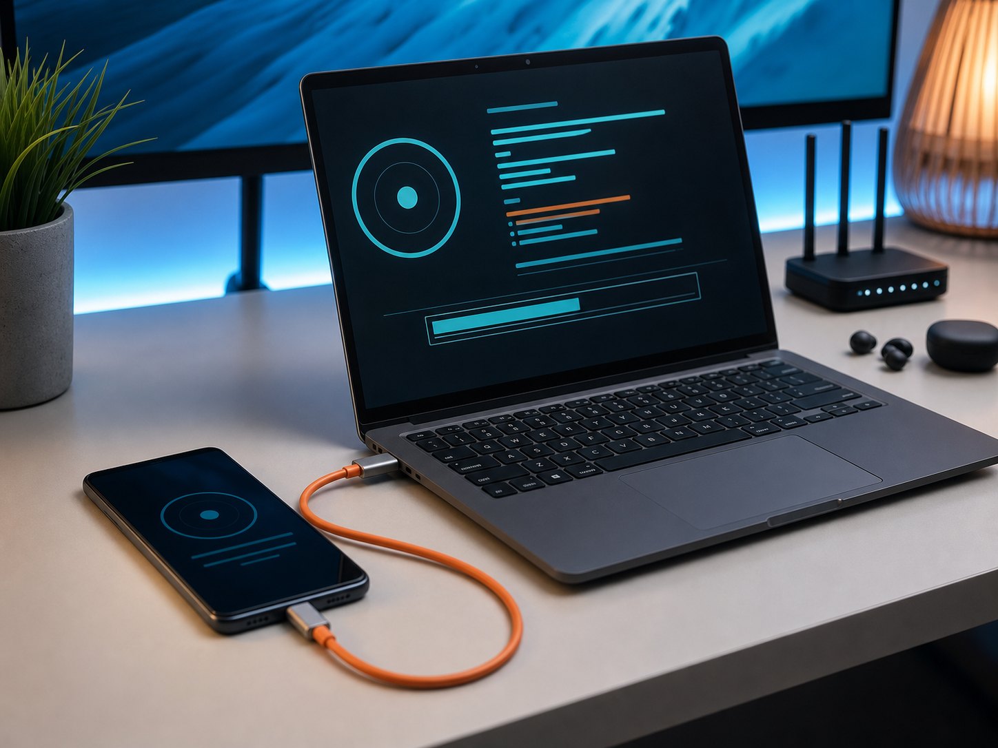 Ноутбук и смартфон во время обновления прошивки