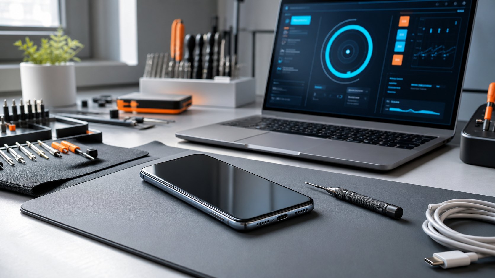 Смартфон Xiaomi на рабочем столе мастера с диагностикой